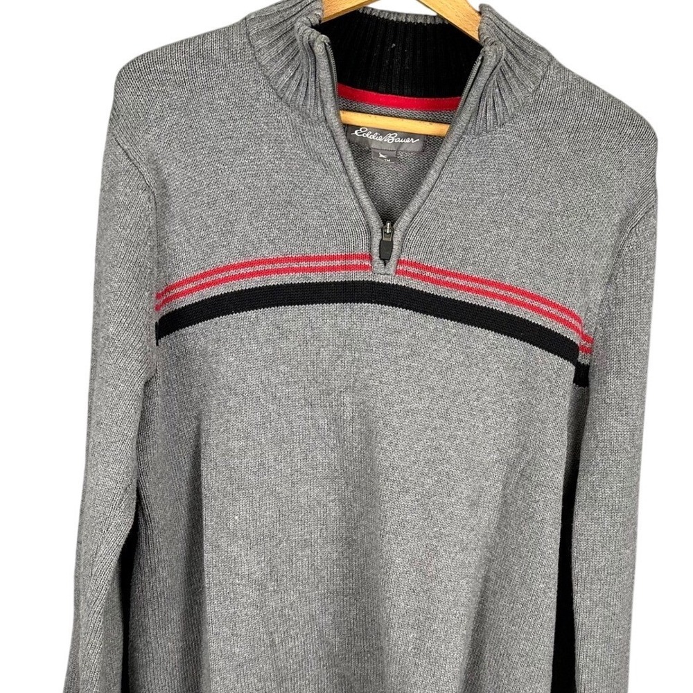 Eddie Bauer Mens Quarter Zip Sweater Gray Red Black Stripe Knit Pullover Size M